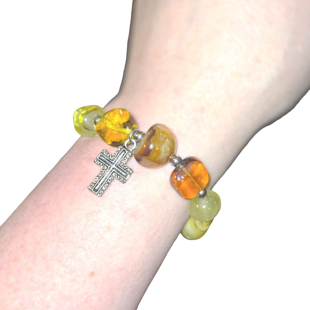Seasons Stretch Bracelet Women OS Gold Amber Glass Bead Silver Tone Cross Charm
